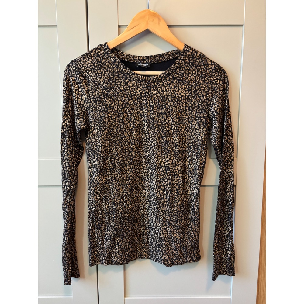 Express Womens Small Gold Metallic Leopard Print Long Sleeve Crew Neck Top Black